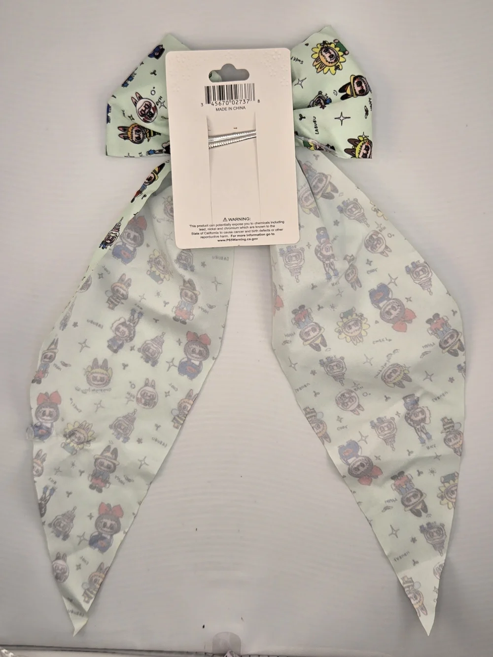 Labubu-Style Character Print Long Hair Bow – Mint Green – New